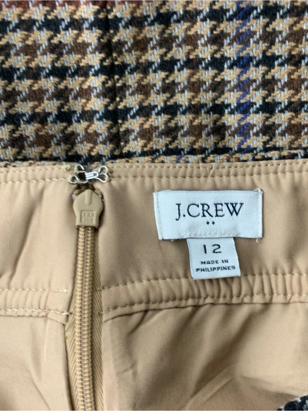 J Crew Women Size 12 Large Skirt Brown Black Houndstooth Mini Wool Blend Lined